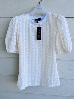 NWT Gracia Ivory Embroidered Textured Chiffon/Jersey Puff Sleeve Blouse / Top S